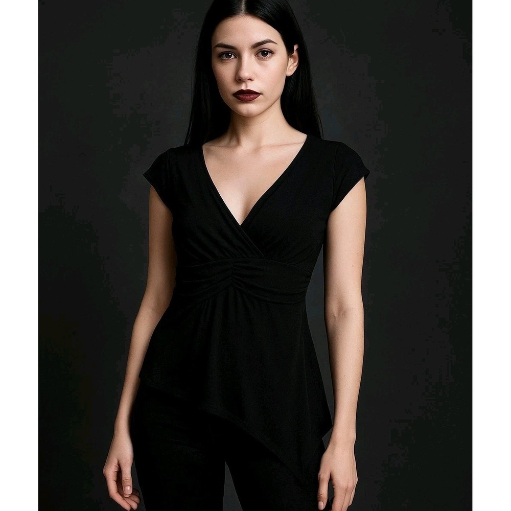 Vintage Y2K Babydoll Top Size Large  Black Faux Wrap Asymmetrical Hem Grunge